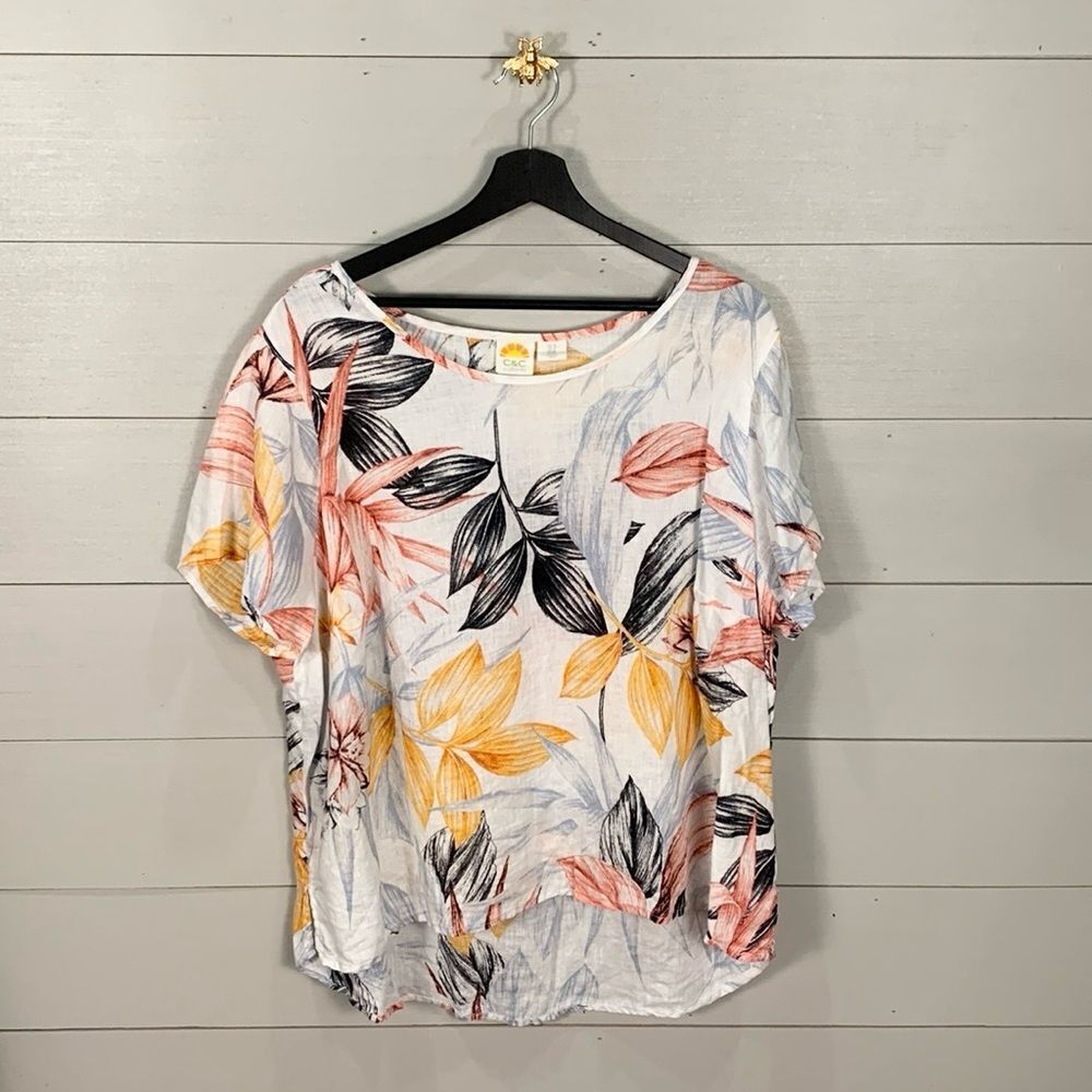 C&C California 100% linen tropical floral print tunic size 1X Hawaiian vacation